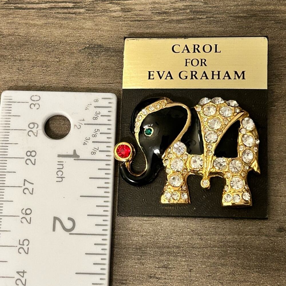 Carol for Eva Graham Black Enamel Gold tone Rhinestones Elephant Brooch #A88 - Picture 4 of 4